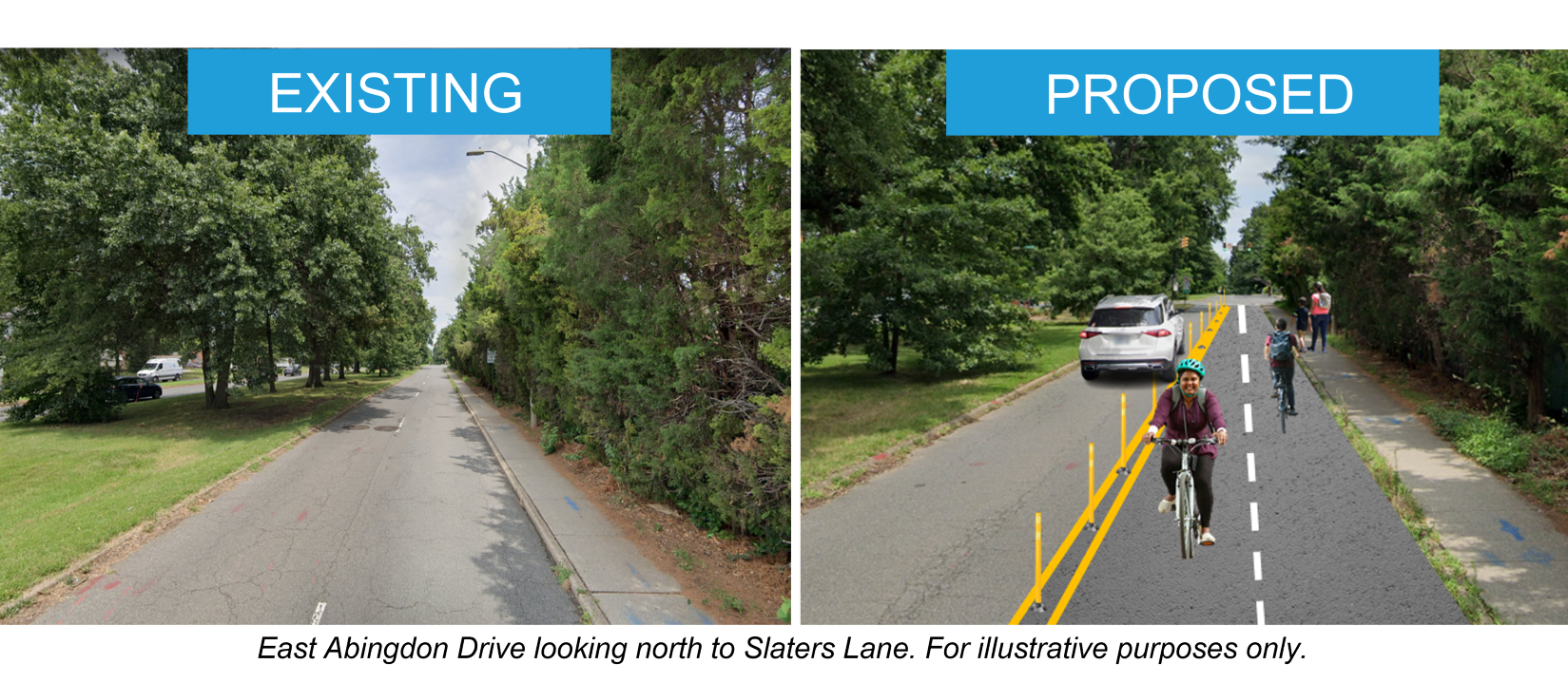 Two images, one showing the existing conditions, and one showing the proposed conditions with a two-way bike lane.
