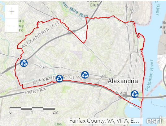 Map of recycling locations in Alexandria -- see text under "Locations" for addresses of these sites