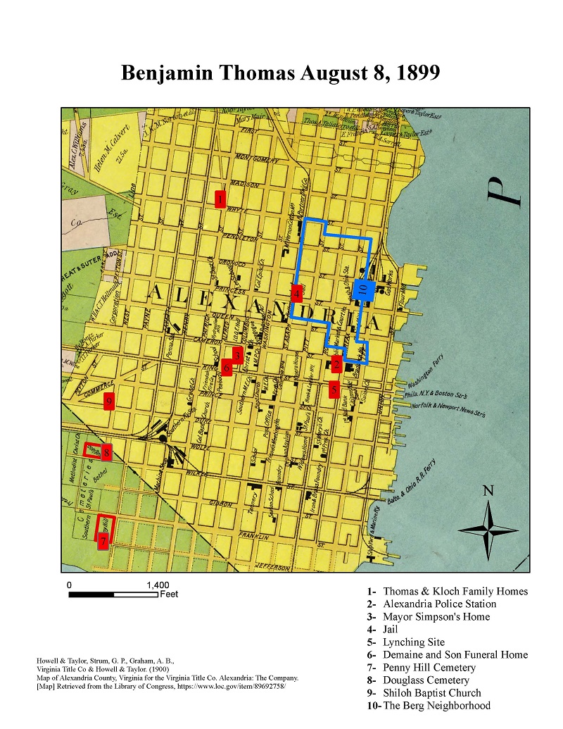 The Lynching of Benjamin Thomas, Map of the Events of August 8, 1899