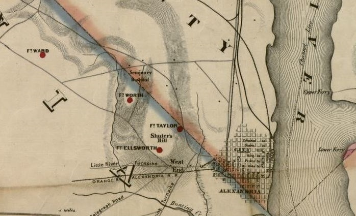 Alexandria section of Colton 1862 map, topographical map of the original District of Columbia and environs showing the fortifications around the city of Washington