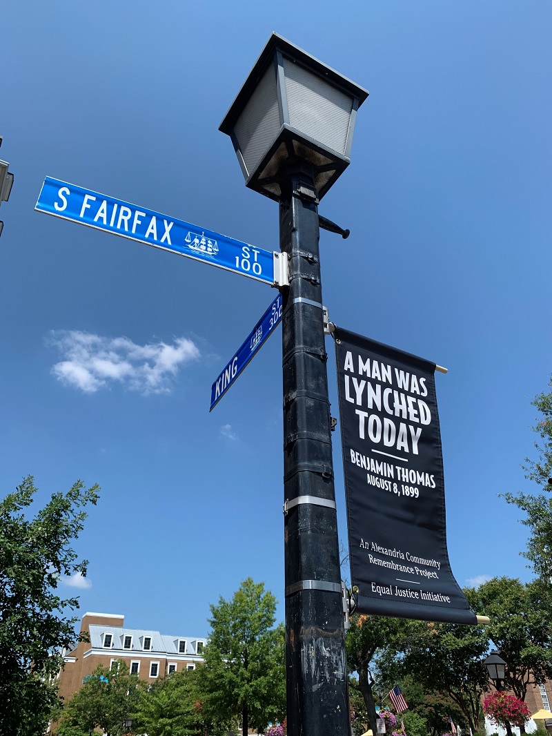 Banner, "A Man was Lynched Today," in honor of Benjamin Thomas, 2021