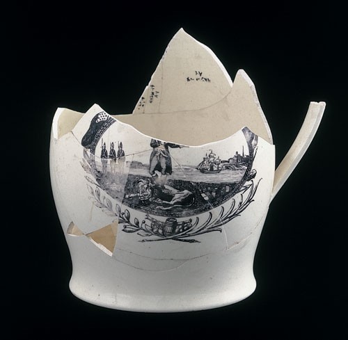 Creamware pitcher depicting a soldier standing on a lion. Photo by Gavin Ashworth for Ceramics in America.