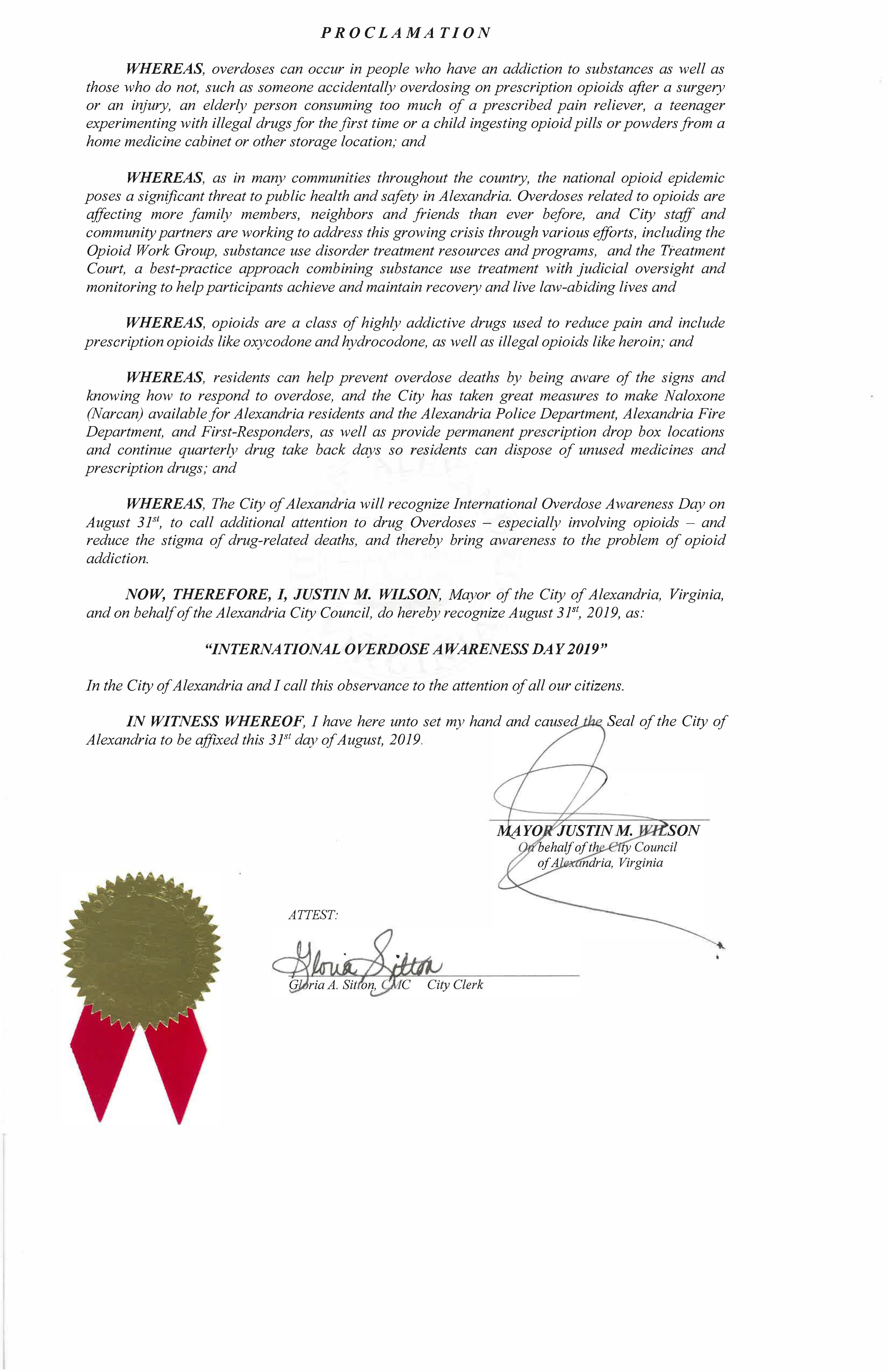 International Overdose Awareness Day 2019 Proclamation Image