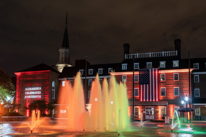 Juneteenth Illumination of Alexandria City Hall and the fountain