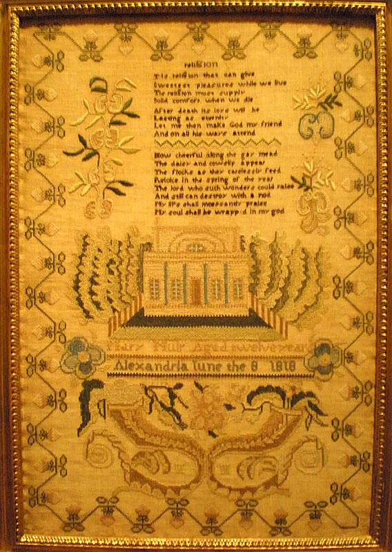 Mary Muir's sampler, in the collection of Alexandria's History Museum at The Lyceum