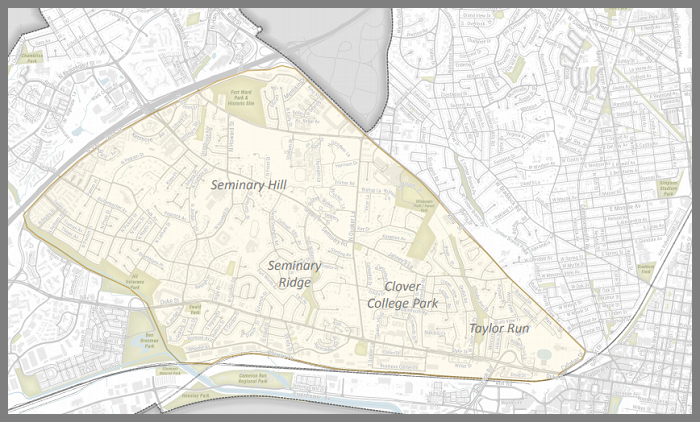 Basic map showing the boundaries of the four neighborhoods involved in the study: Seminary Hill, Seminary Ridge, Clover College Park, and Taylor Run 