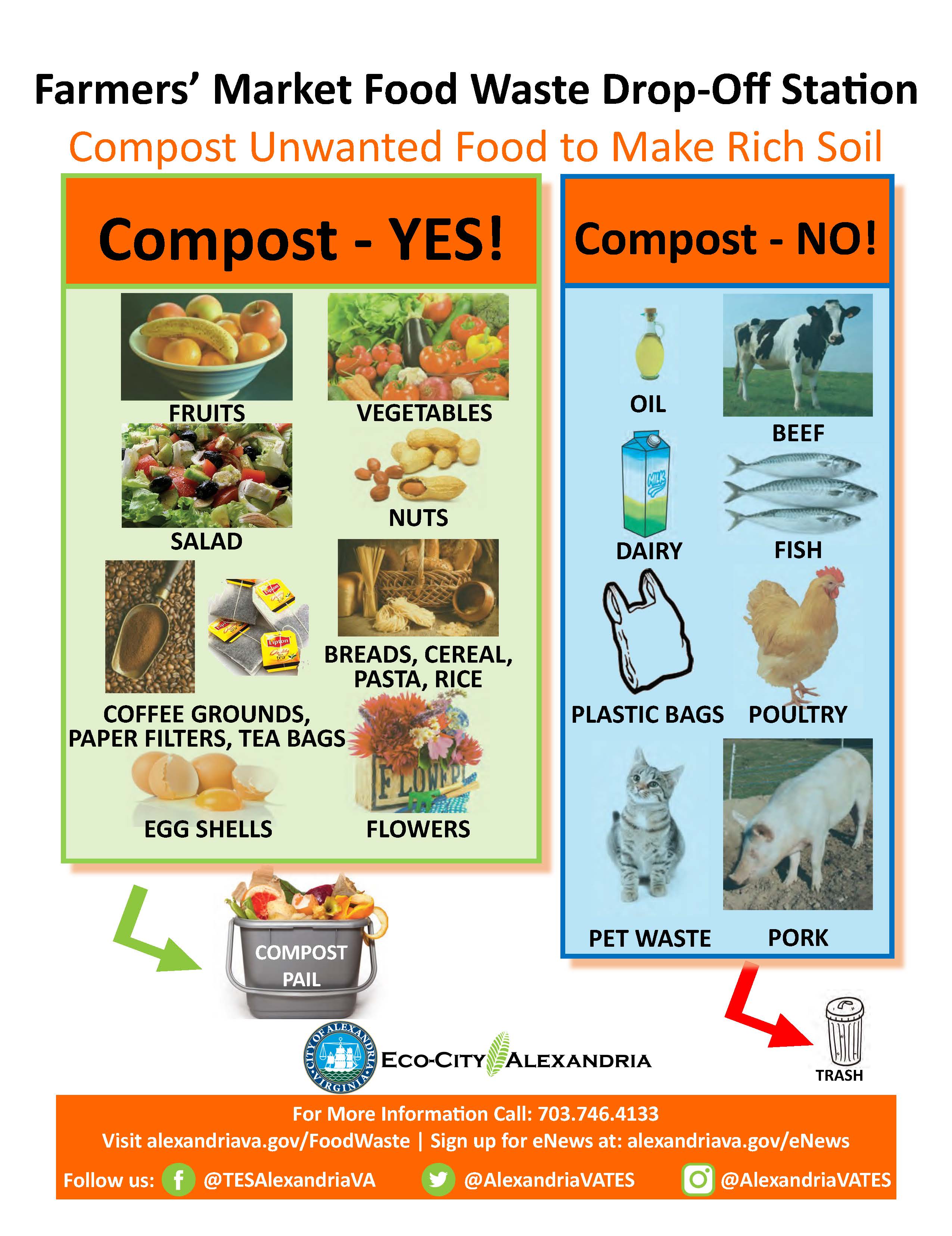 A flier listing items than can and cannot be composted. Please click the link below the image for an accessible PDF version of this graphic. 