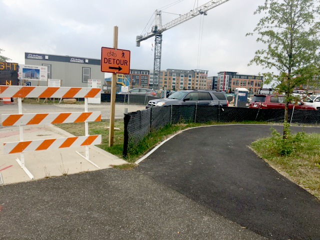 Detour with temporary bike and pedestrian path in Potomac Yard TES