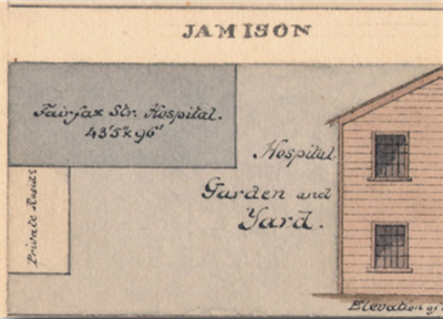 Detail of Fairfax Street Hospital, Quartermaster map, with elevation.