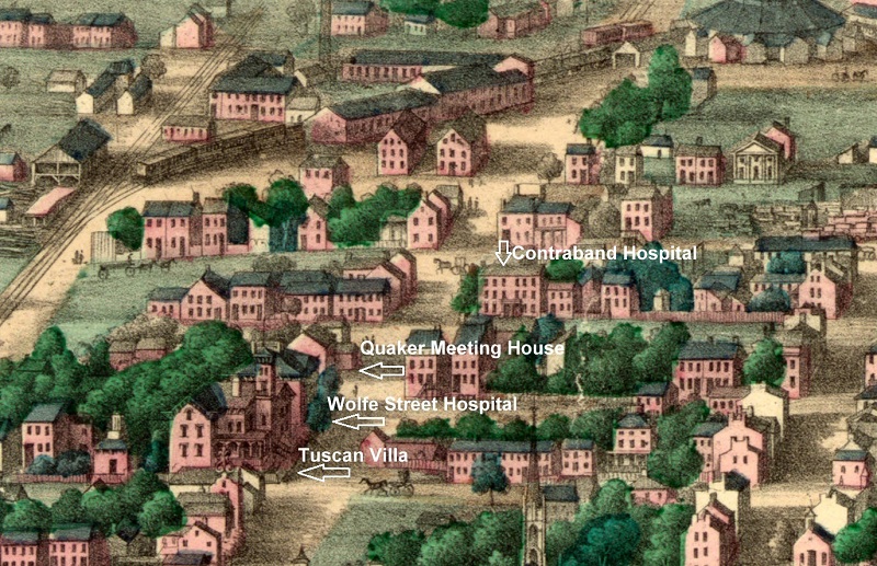 Quaker Meeting House (Friends Hospital) and nearby hospitals marked on Birdseye View of Alexandria.