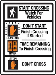 Graphic of pedestrian signal sign, along with symbols for start crossing, don't start, time remaining, and don't cross