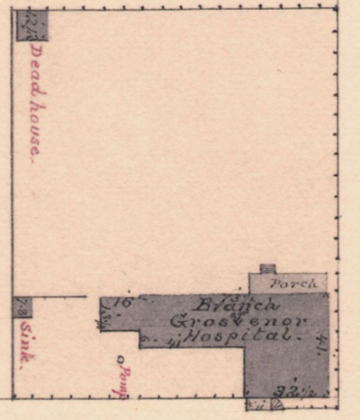 Detail of Grosvenor Branch Hospital, Quartermaster map, showing deadhouse, hospital and sink (privy).