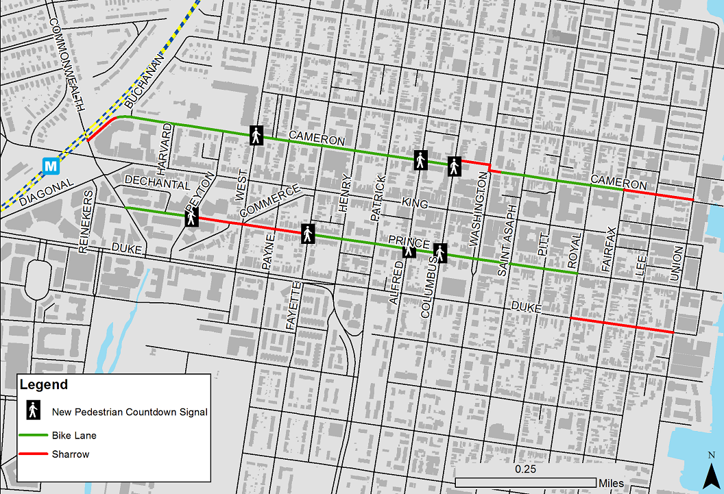 Map of proposed ped-bike improvements along Prince and Cameron Streets