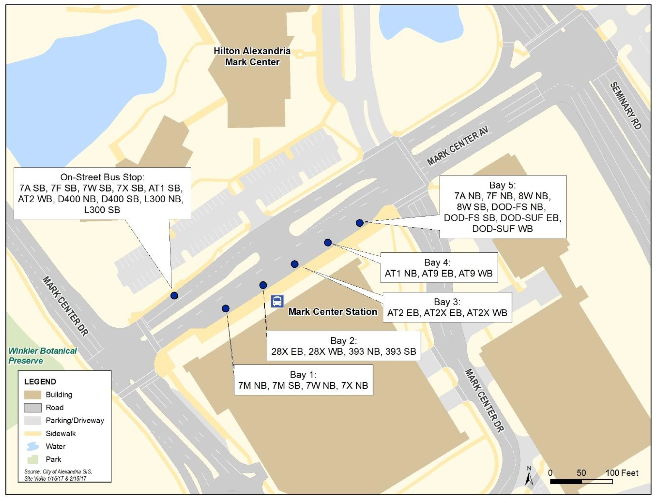 A map of the bus bays at the Mark Center Transit Center, info is repeated in text below; riders should check with WMATA or DASH for up-to-date bus information