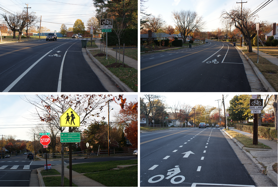 Photos of completed project improvements, including new bike lanes and high-visibility crosswalks