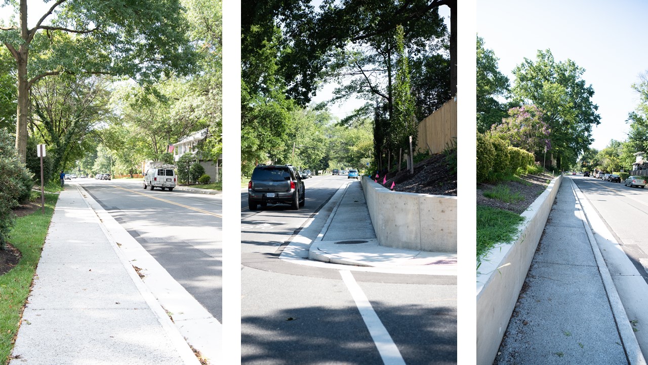 Pictures of area after addition of a permeable sidewalk, knee wall, and curbs