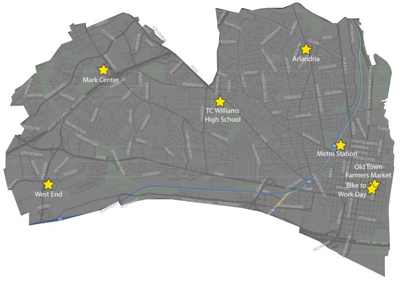 Map of Alexandria with marked locations of seven pop-up events listed in text