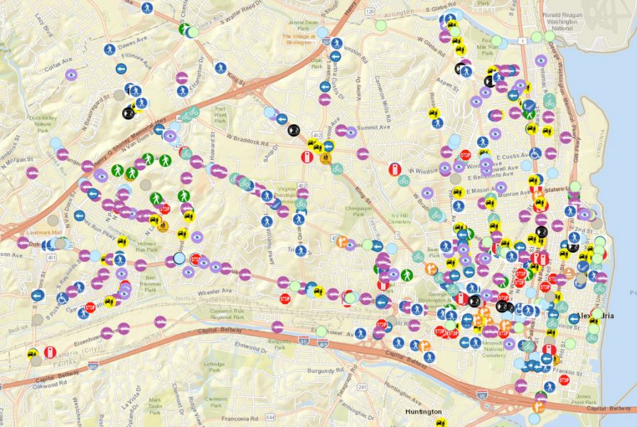 Map of Alexandria with small pins marking each of the 700 locations where residents reported Vision Zero issues