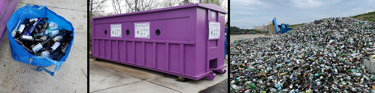 Three photos of the glass recycling process: glass bottles in a blue shopping bag, a purple glass-only recycling bin, and a mountain of glass waiting to be processed. 