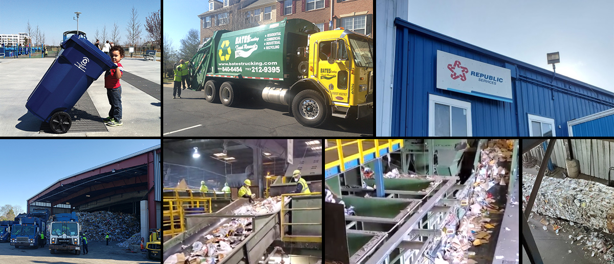 Six photos of recycling processes: a child tipping a recycling cart, a recycling truck, an exterior shot of the facility where Alexandria's recycling is processed, trucks dumping large quantities of recyclables in a warehouse bay, and two photos of facility staff  processing recyclables on conveyor belts. of 