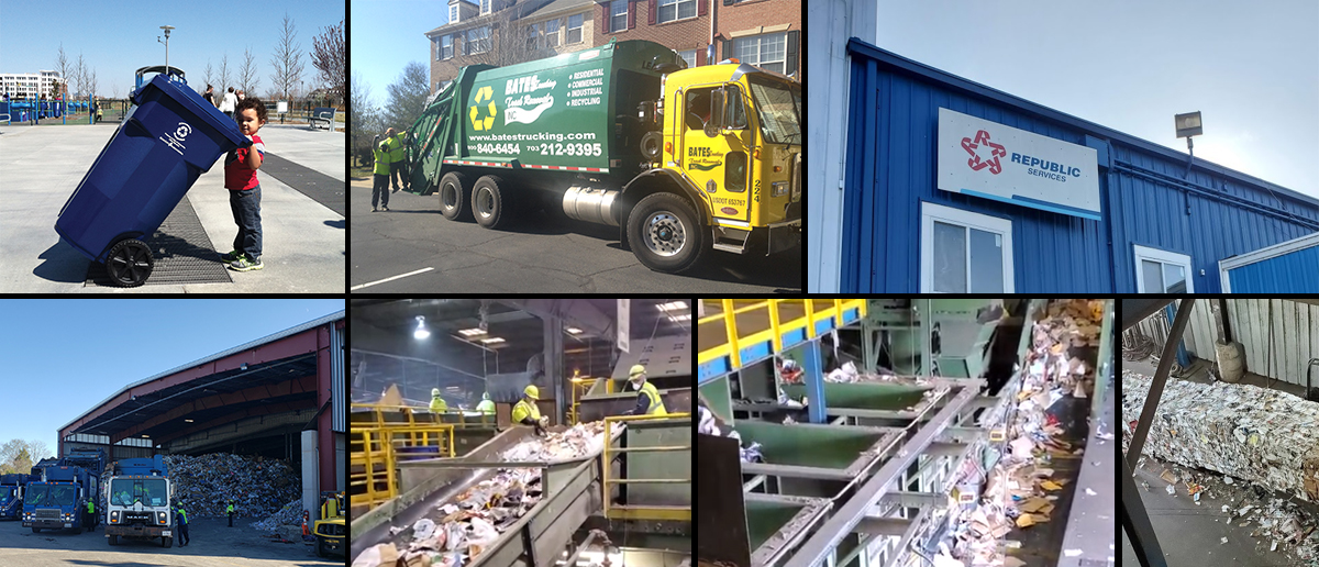 Six photos of recycling processes: a child tipping a recycling cart, a recycling truck, an exterior shot of the facility where Alexandria's recycling is processed, trucks dumping large quantities of recyclables in a warehouse bay, and two photos of facility staff processing recyclables on conveyor belts. of