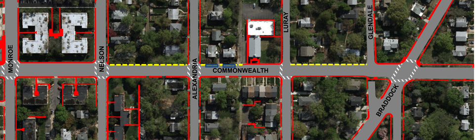 Aerial map of the improvement area along commonwealth avenue between Monroe Street and Braddock Road