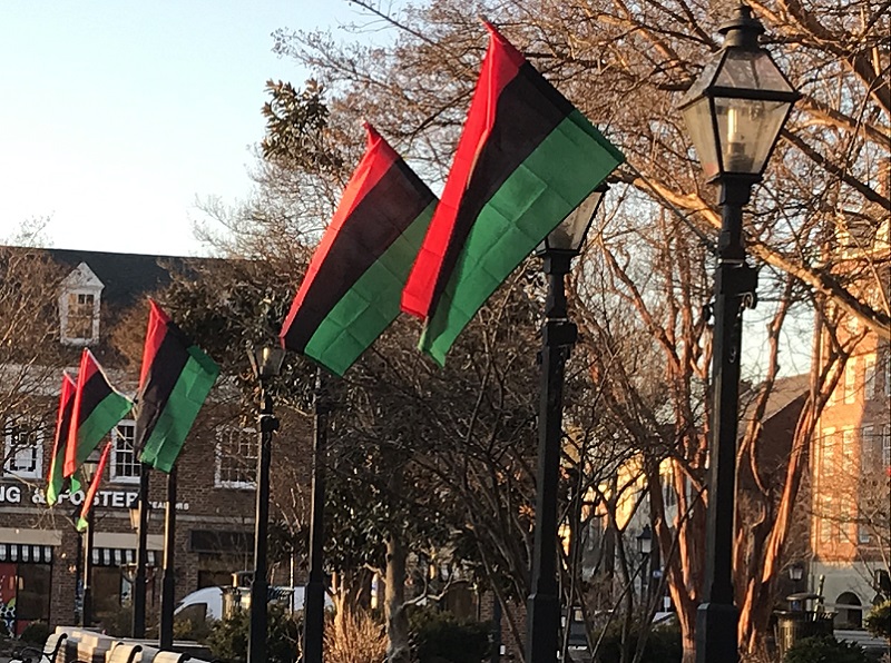 Pan-African Flags fly from the light poles in Market Square