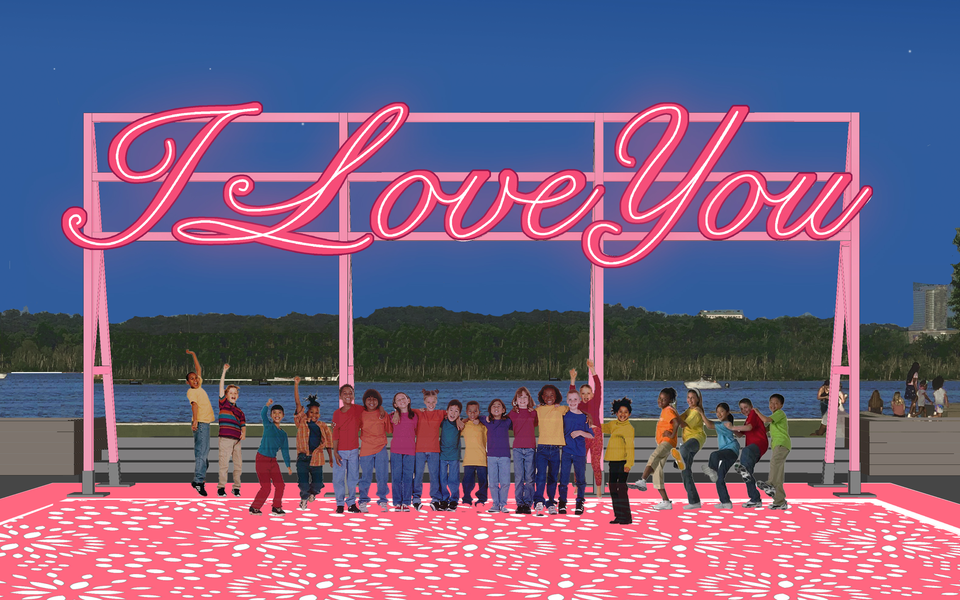 An artists' rendering with I love you written in neon script with a crowd of people below and the Potomac River in the background
