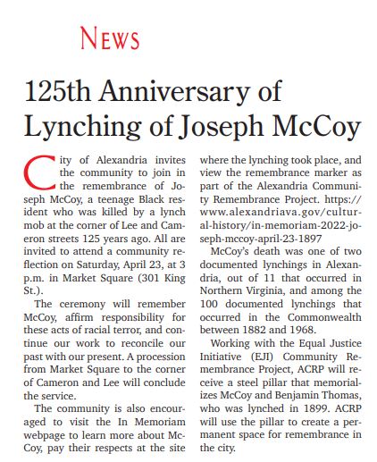 125th Anniversary Lynching Joseph McCoy, article in Alexandria Gazette Packet, April 21, 2022