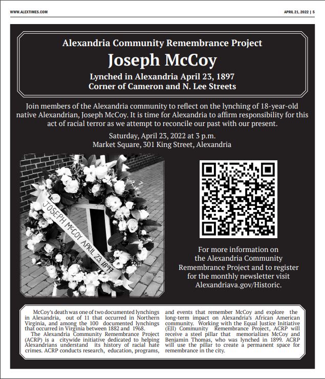 Joseph McCoy, ACRP, Alexandria Times April 21, 2022 full page