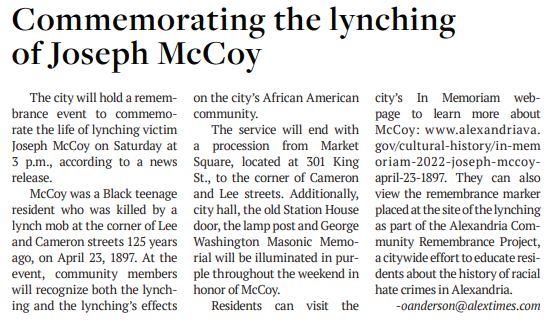 Commemorating the lynching of Joseph McCoy, Alexandria Times, April 21, 2022