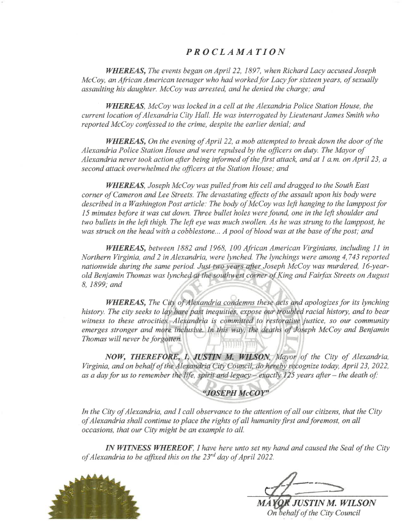Proclamation in honor of Joseph McCoy, April 2022
