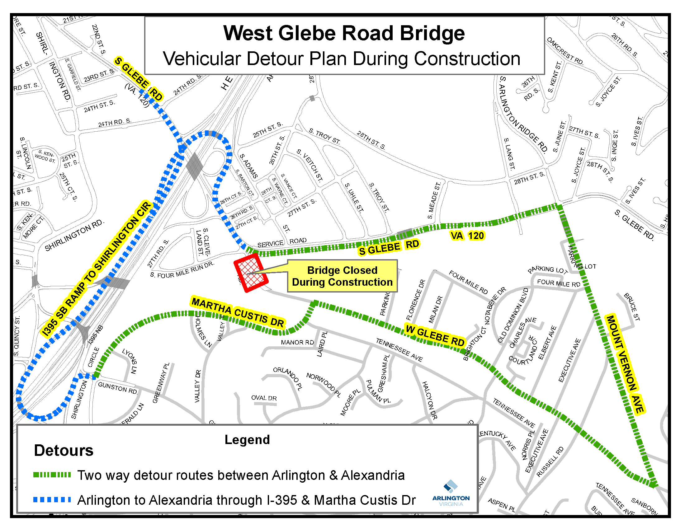 Map of W Glebe Bridge closure detour, accessible PDF