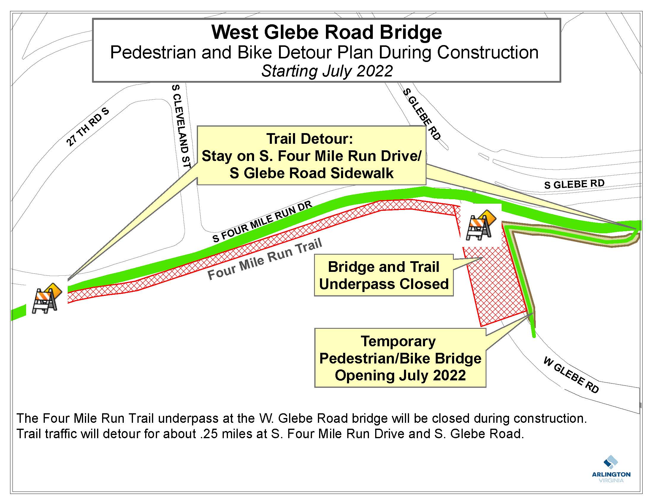 Ped-bike detour for W. Glebe closure starting July 2022, accessible PDF linked below
