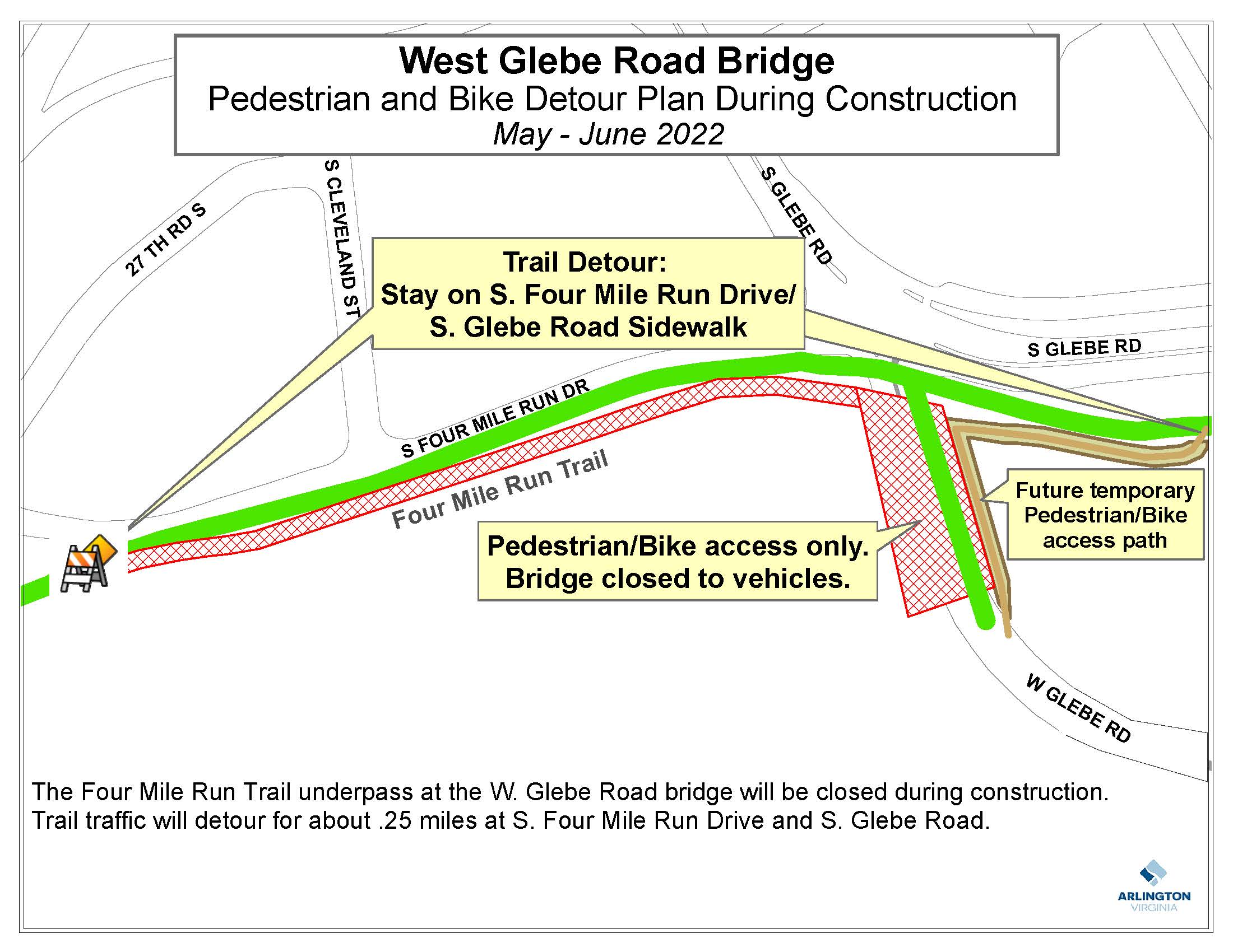 Ped-bike detour map for W. Glebe bridge closure, link to accessible map below