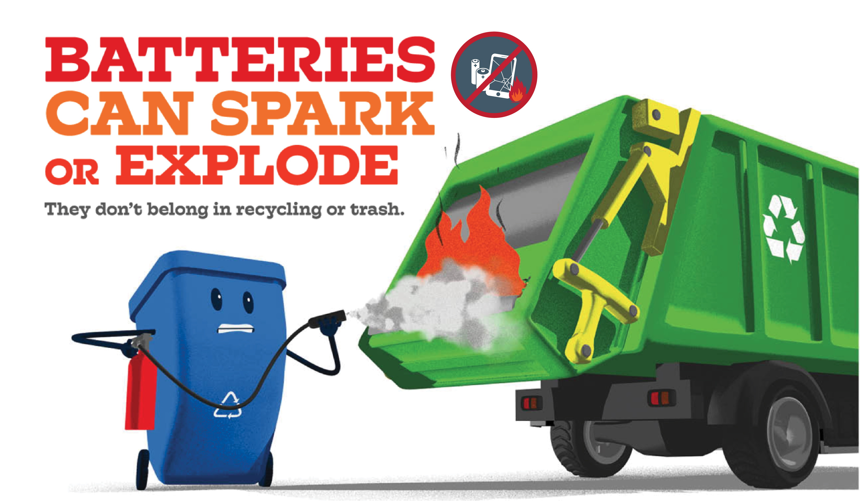 Batteries can spark or explode. They don't belong in the recycling or trash.