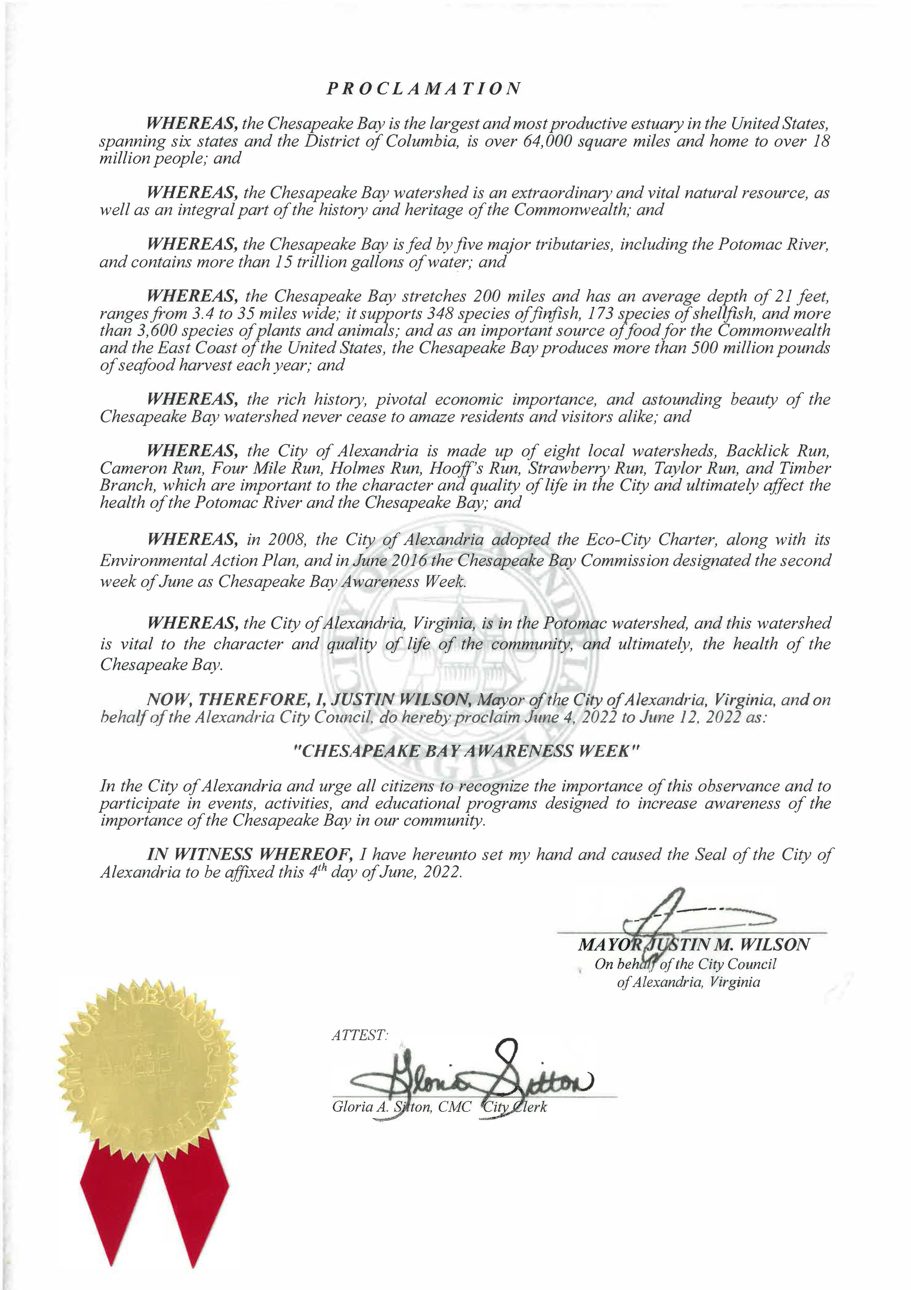 Chesapeake Bay Awareness Week Proclamation