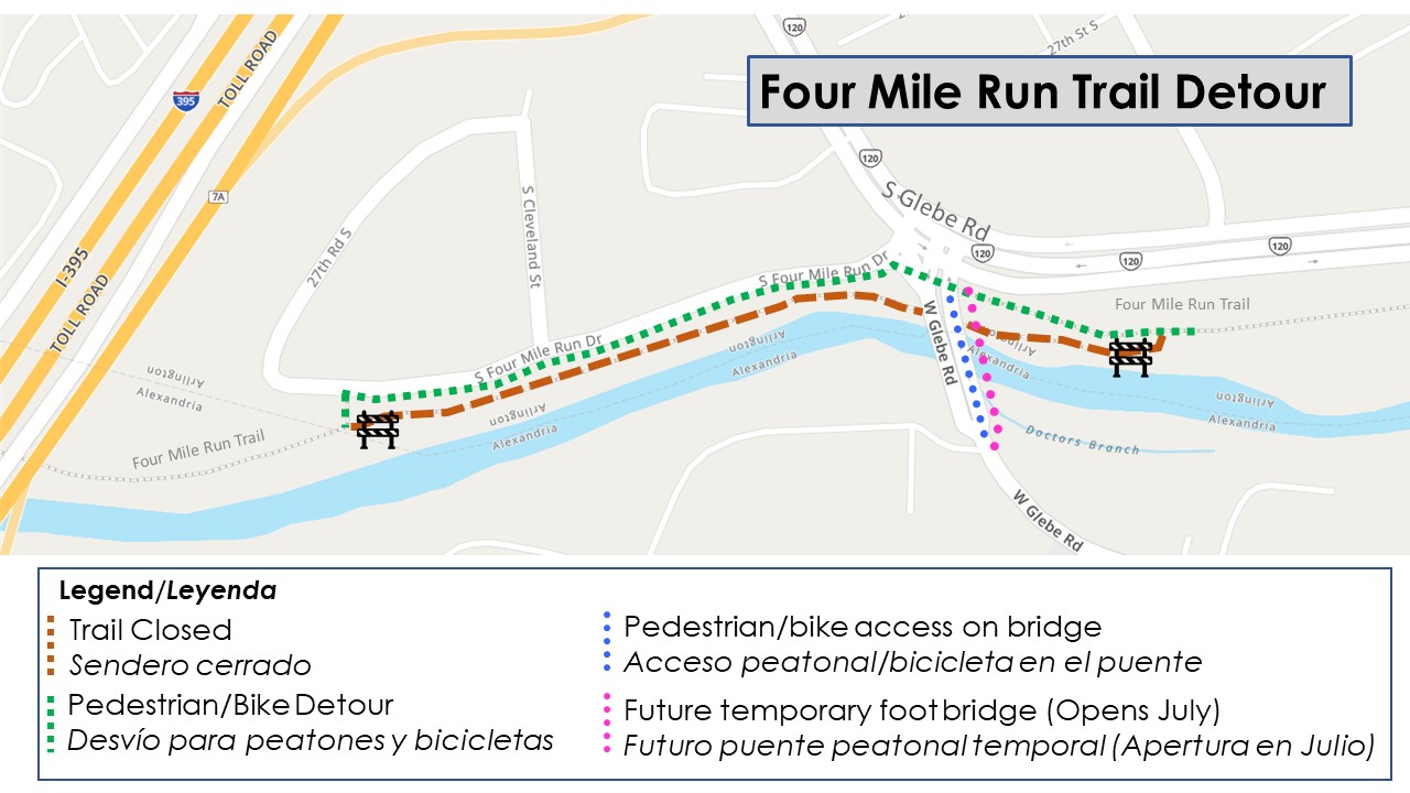 Map of the detour for the Four Mile Run Trail, due to ongoing work on the W. Glebe Road bridge