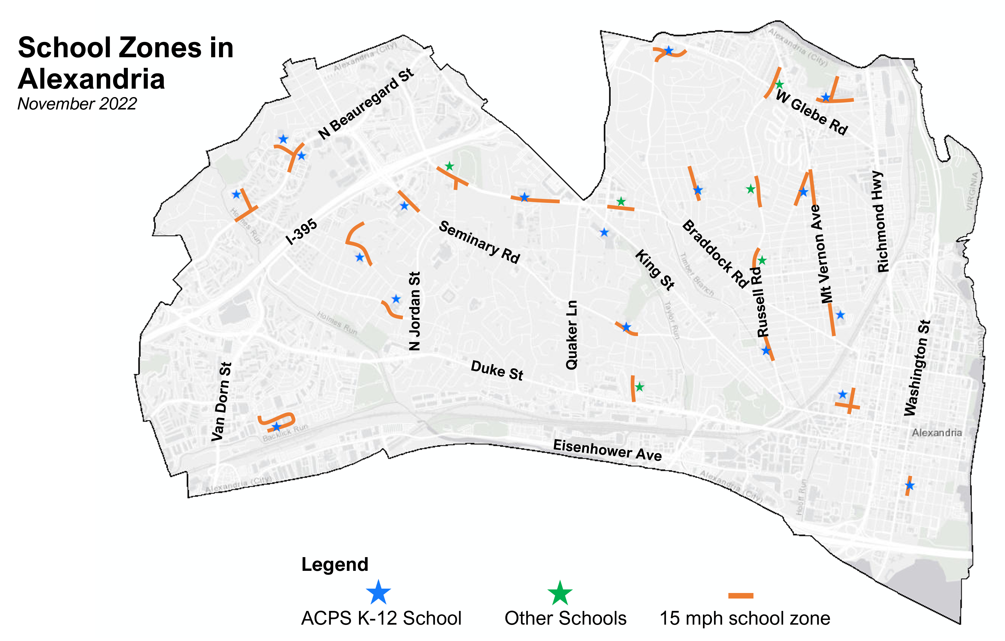 A map showing existing school zones in the City of Alexandria.