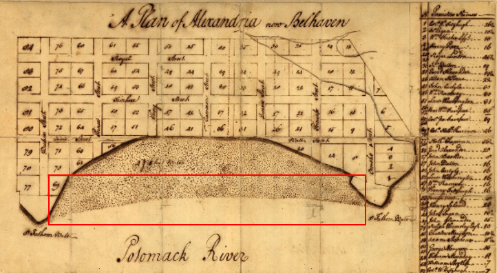 Waterfront Study Area shown as red rectangle on 1749 Plan of Alexandria