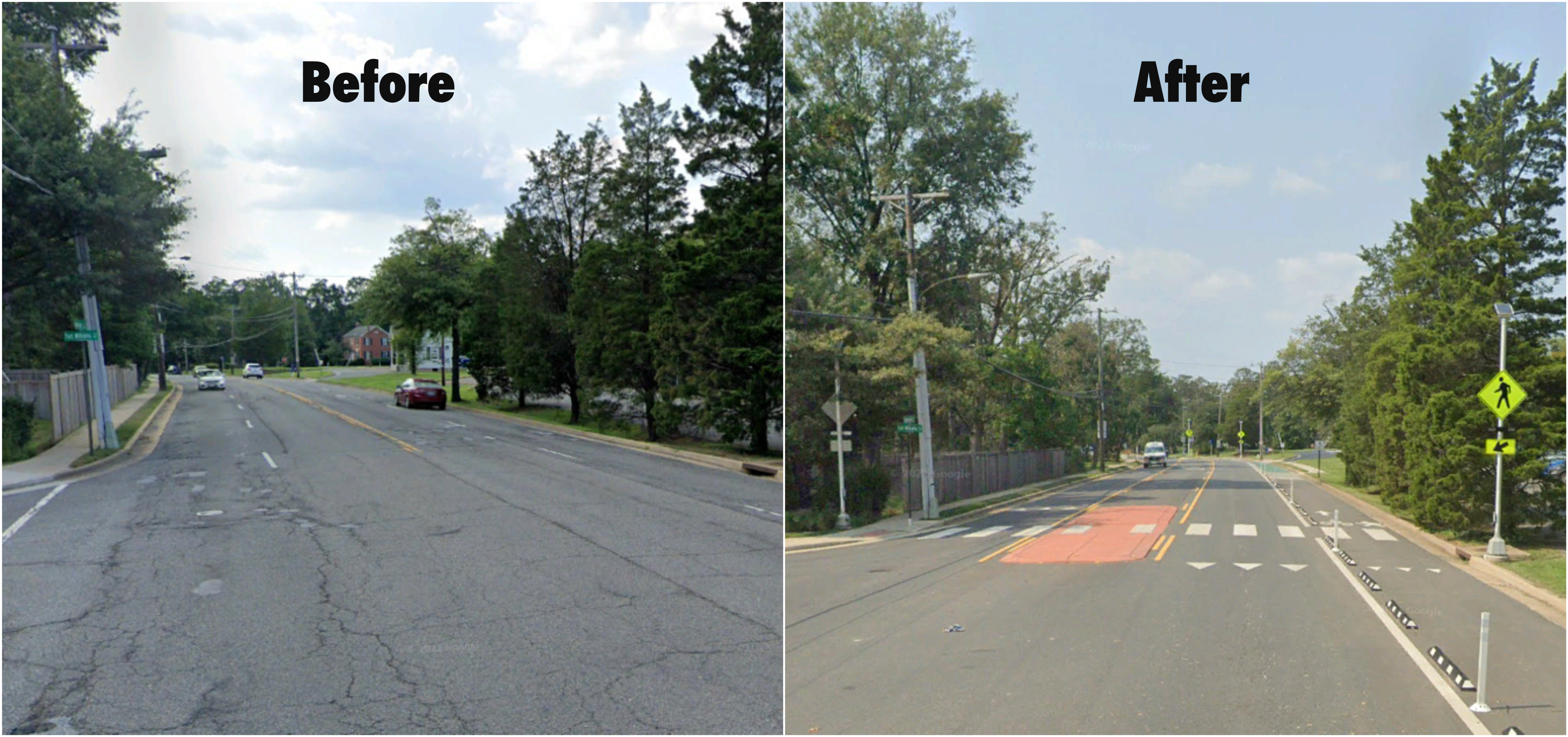 A before and after of Seminary Road Complete Streets Project