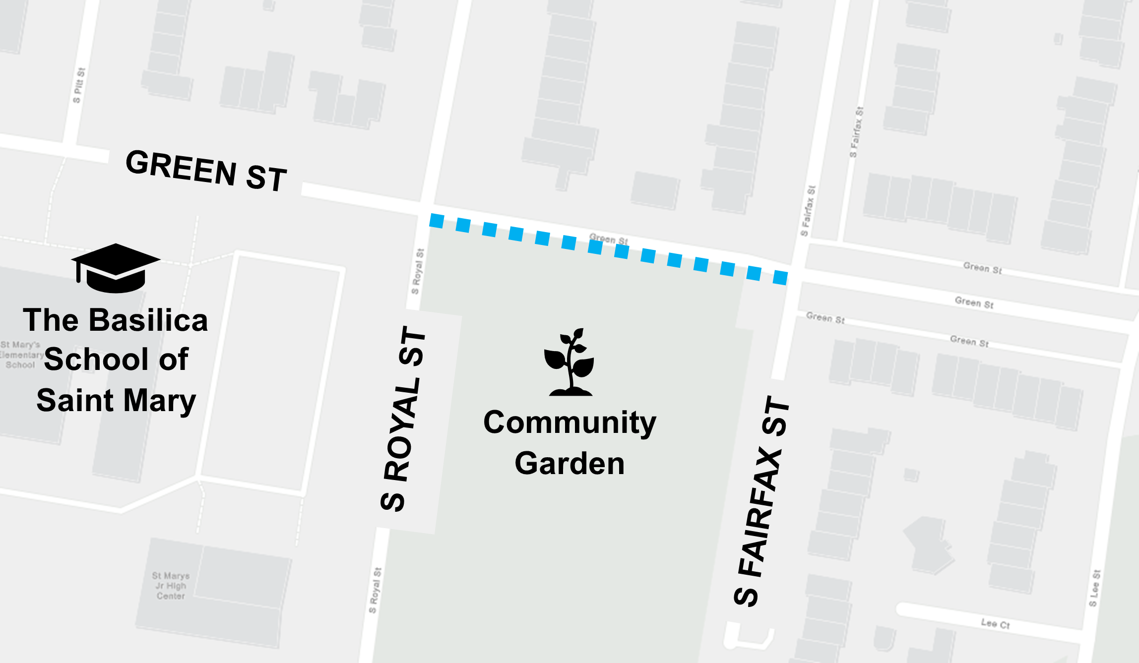 A map showing the proposed location of a new sidewalk on the south side of Green Street between South Royal Street and South Fairfax Street.