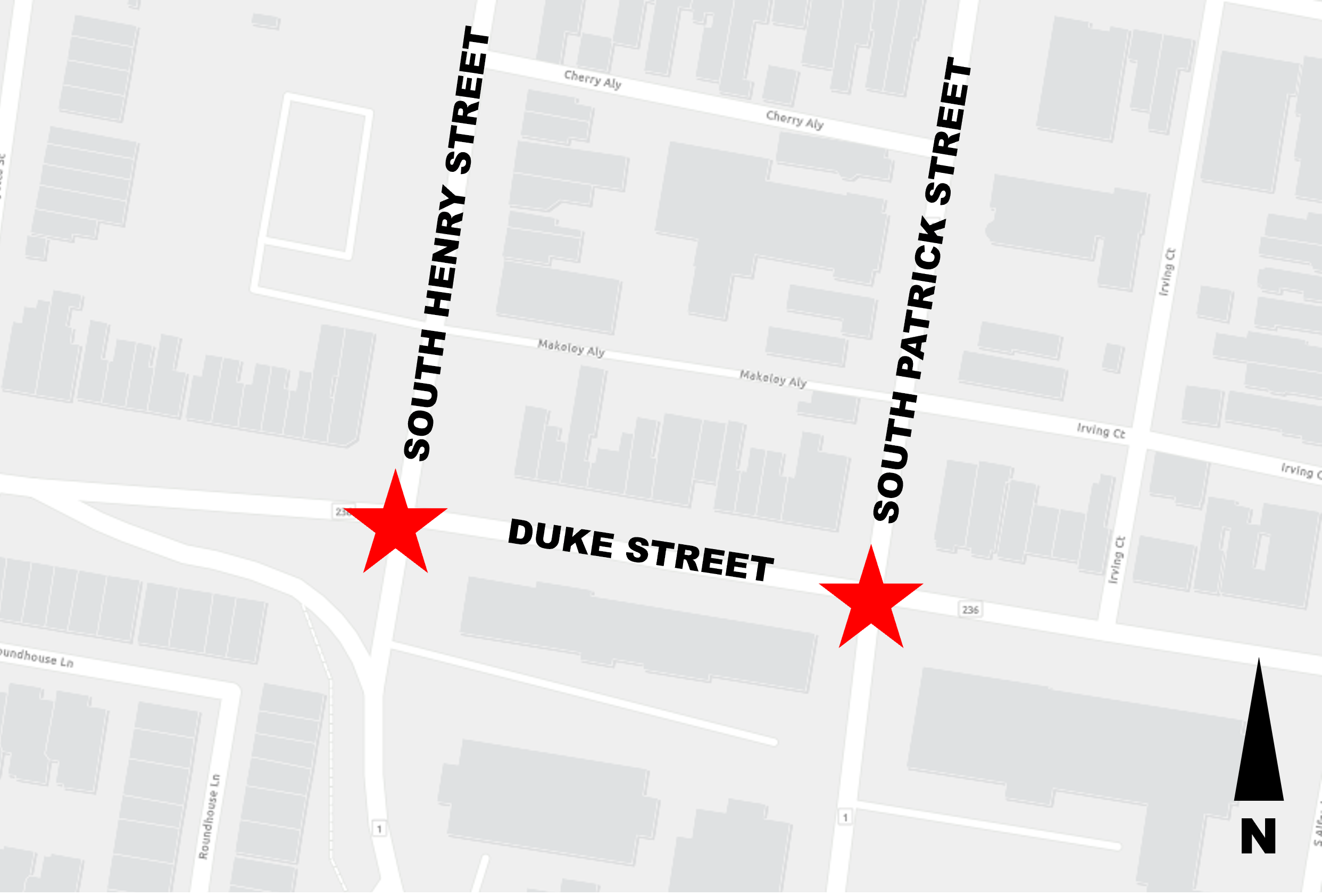 Map of the project area, which includes the intersections of Duke Street and South Patrick Street, and Duke Street and South Henry Street.