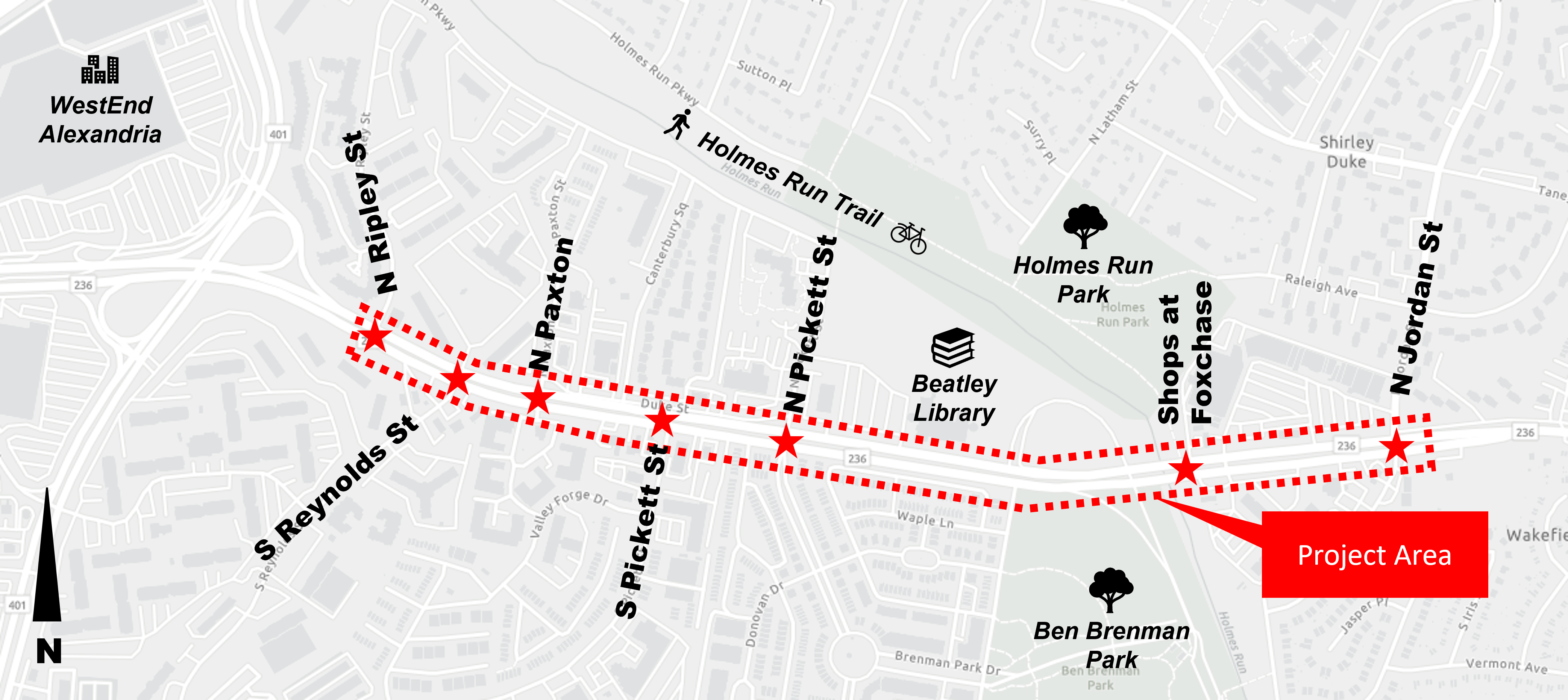 A map of the project area where turn calming treatments are planned.