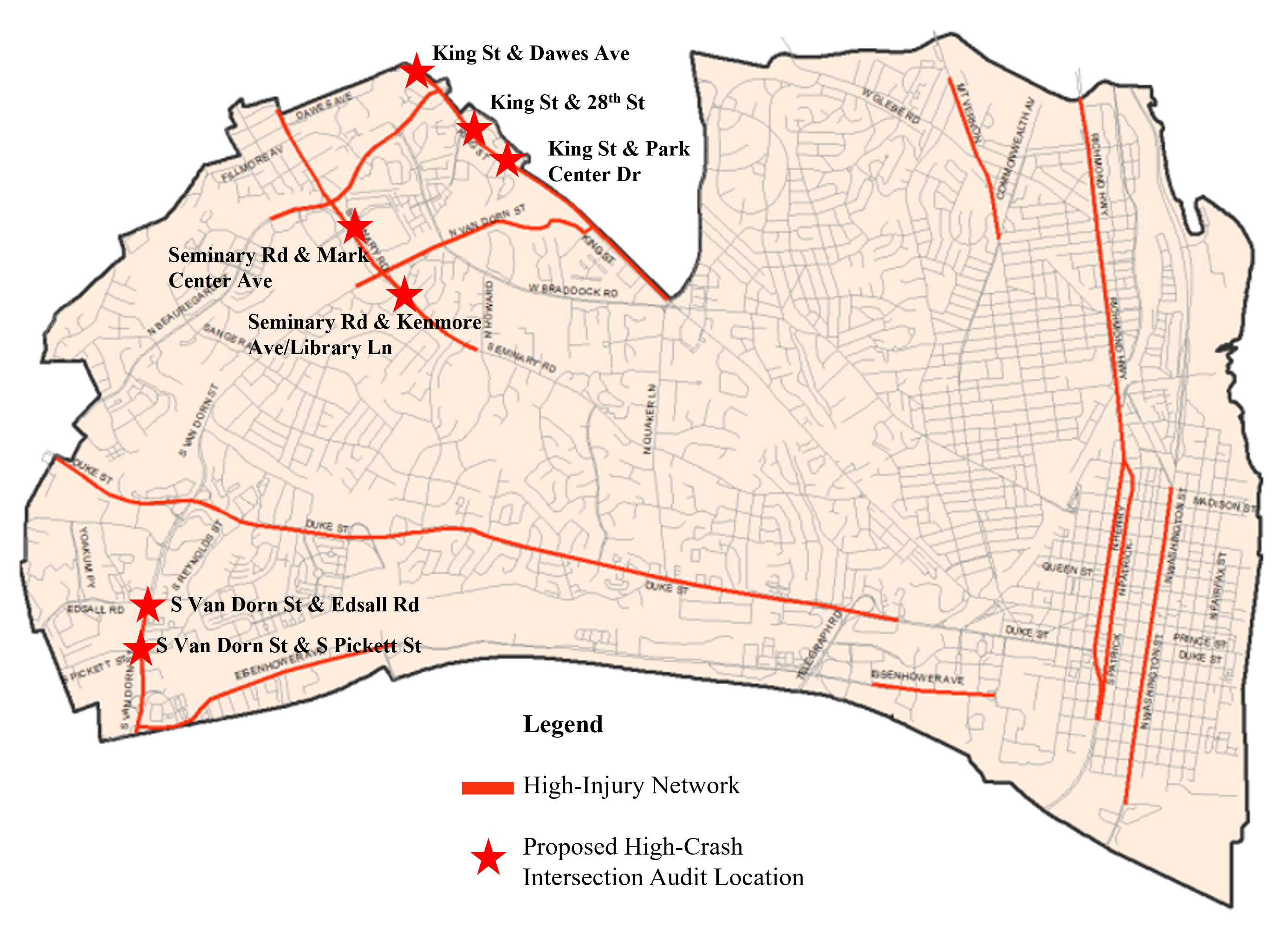 A map showing seven intersections where safety audits and conceptual design will be performed as part of the SS4A grant. The intersections include South Van Dorn Street & South Pickett Street, South Van Dorn Street & Edsall Road, Seminary Road & Mark Center Avenue, Seminary Road & Kenmore Avenue/Library Lane, King Street & Dawes Avenue, King Street & 28th Street, and King Street & Park Center Drive.