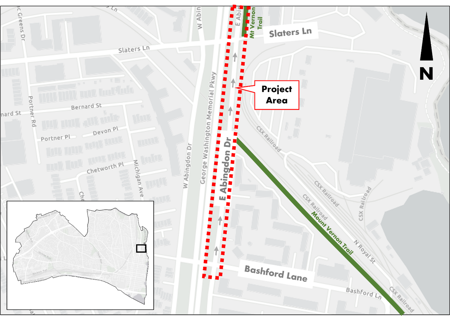 A map of the project area, which includes East Abingdon Drive from Bashford Ln to north of Slater's Ln.