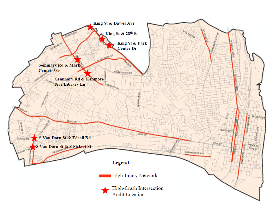 A map of the City showing seven high-crash intersections included in this project