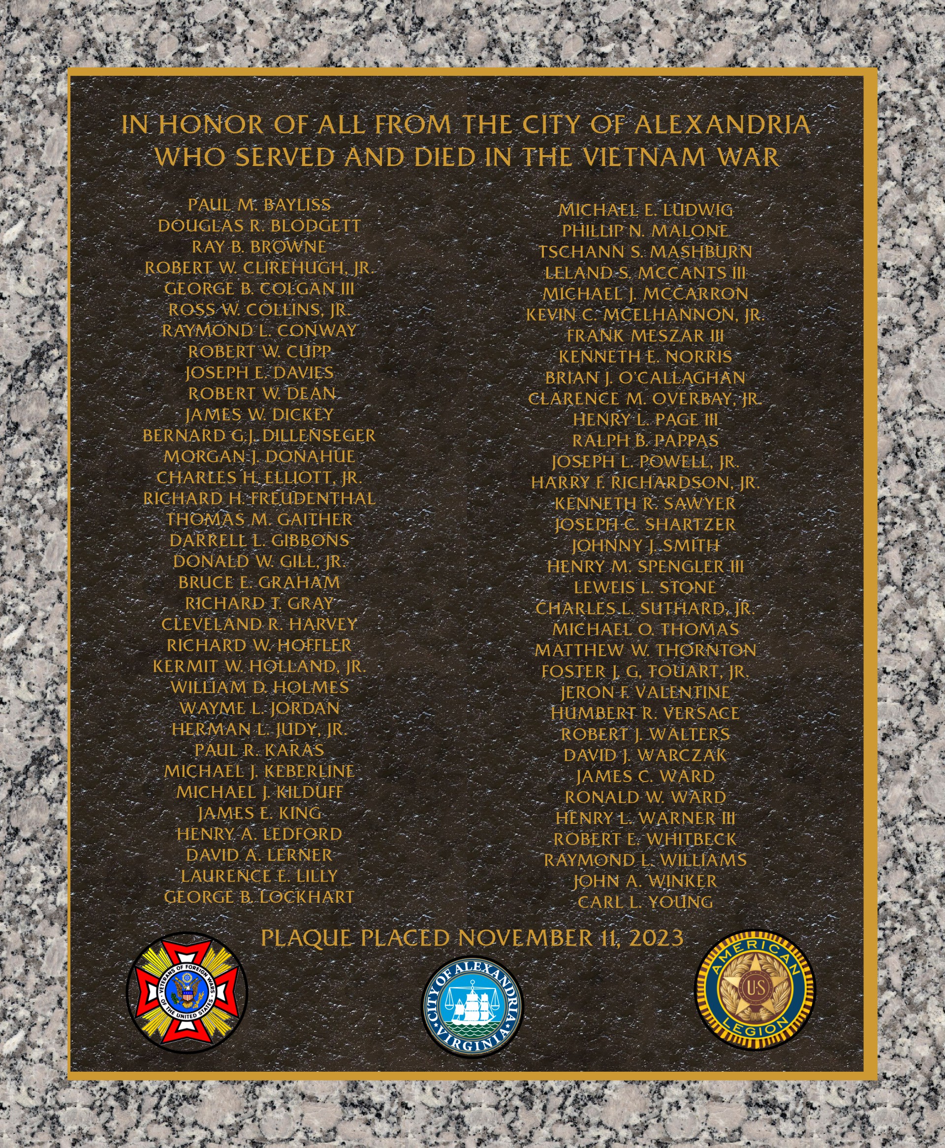 VFW memorial Example. Brown background with gold letters of names. 