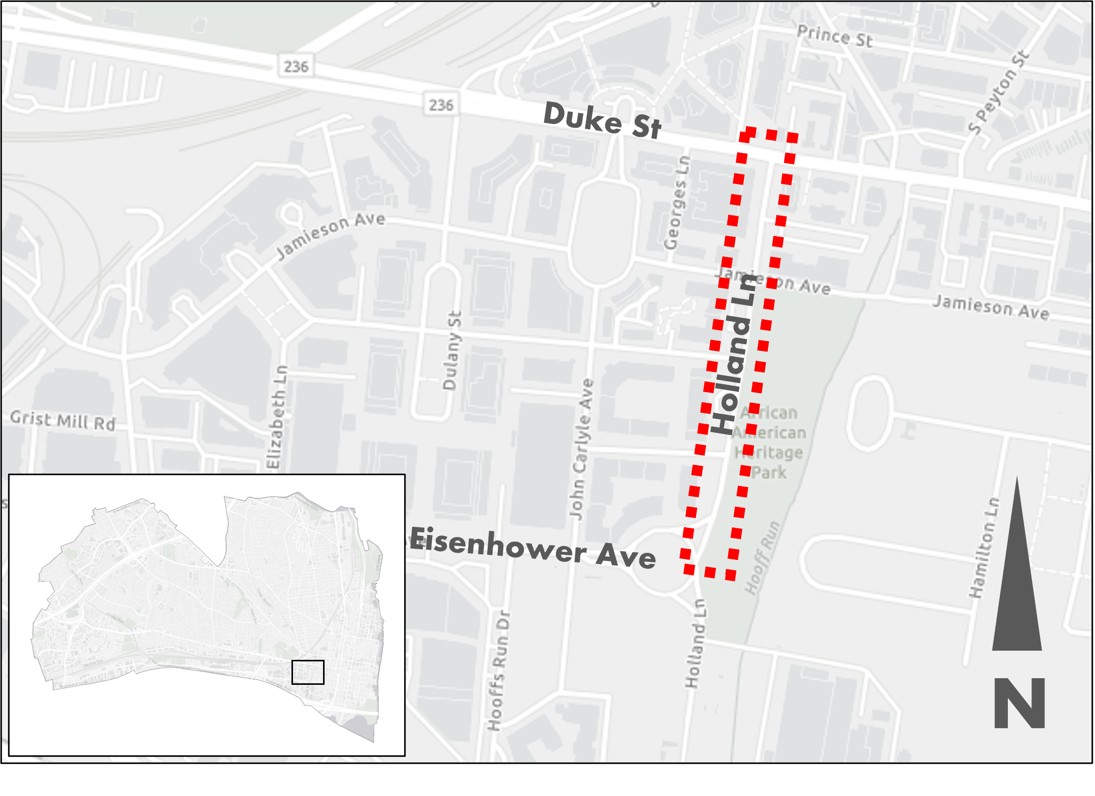 A map of the Holland Lane Corridor Improvements Project area, which includes Holland Lane from Duke Street to Eisenhower Avenue