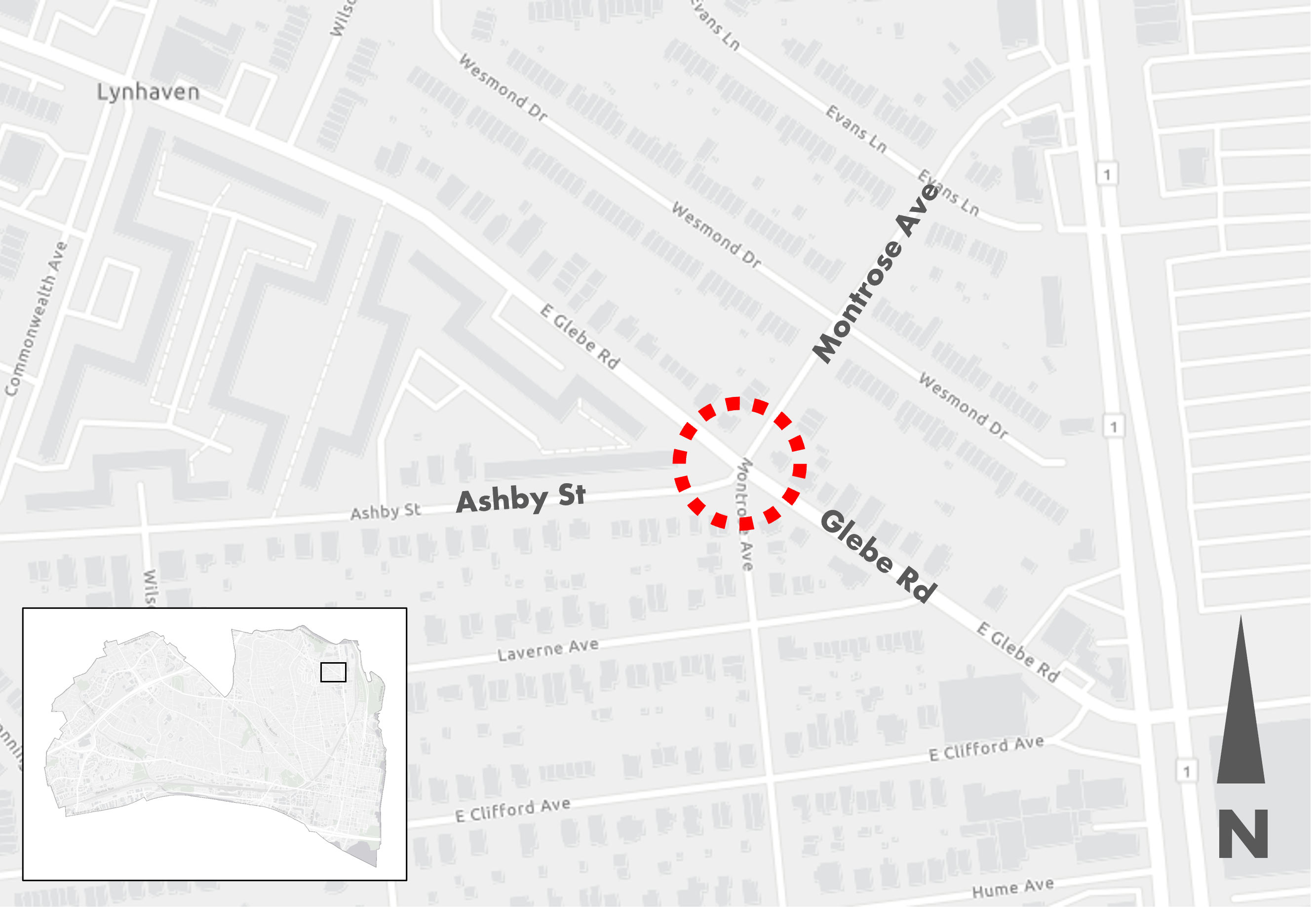 A map highlighting the intersection of Glebe Road, Montrose Avenue, and Ashby Street.
